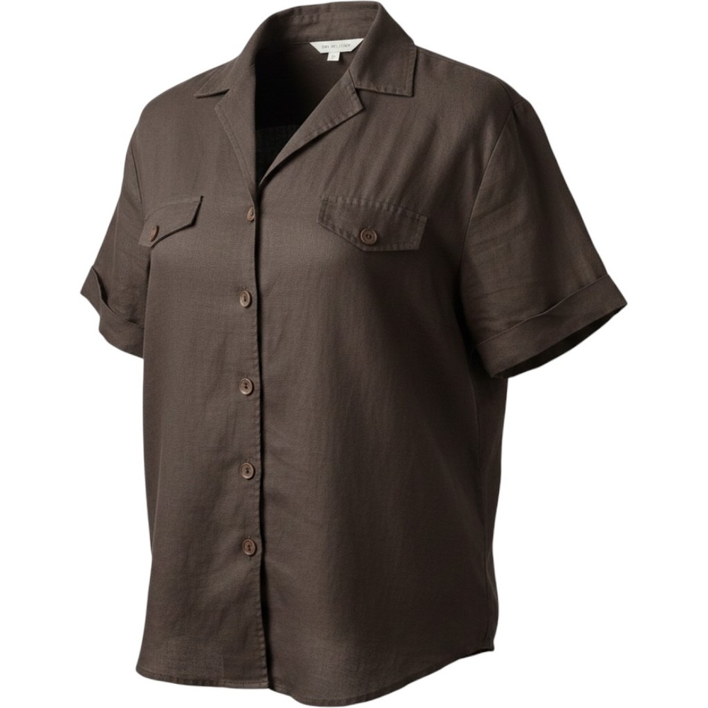 JM Collection Petite Brown 100% Linen Button Up Shirt Safari Coastal 10P camp